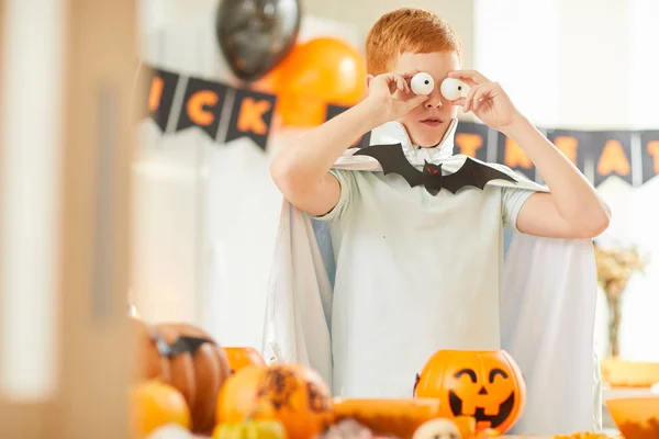 Portrait Funny Boy Dressed Costume Making Face While Standing Table — Stock Photo, Image