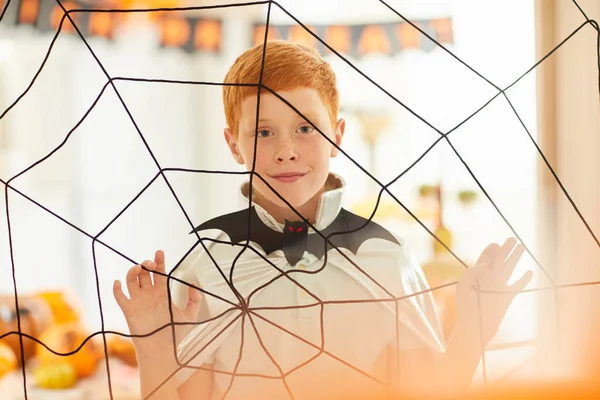 Portrait Red Haired Boy Dressed Costume Looking Cobweb Camera Celebrating — Stock Photo, Image