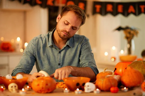 Young Man Busy Work Sitting Table Pumpkins Carving Halloween Holiday — Stock Photo, Image