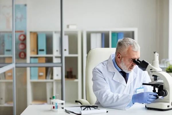 Grave Scienziato Maturo Concentrandosi Sul Lavoro Seduto Tavola Guardando Attraverso — Foto Stock