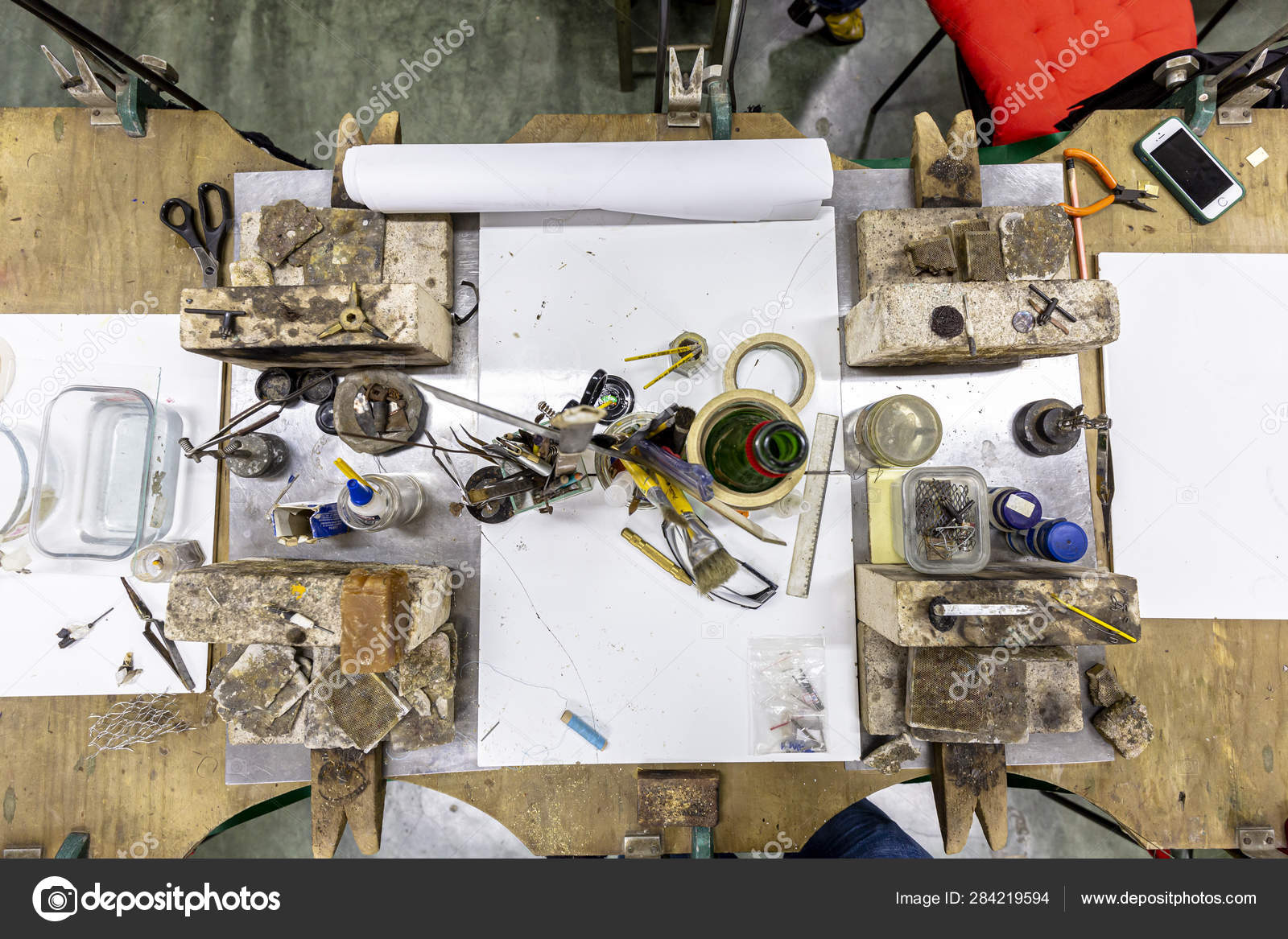 Top View Wooden Work Bench Equipped Tools Making Jewellery Metal
