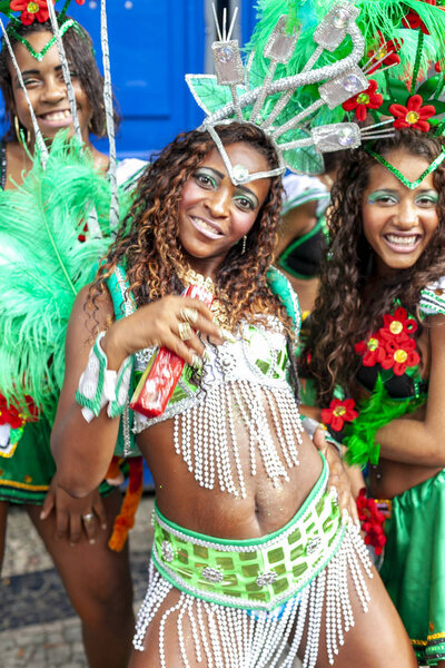 Rio de Janeiro, Brazil - March 3, 2014: Women in festive costumes at a carnival block party in the city centre of Rio de Janeiro