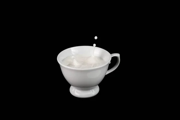 Tiny Coffee Cup Filled Milk Splash Creating Drop Milk Floating — Stock Photo, Image