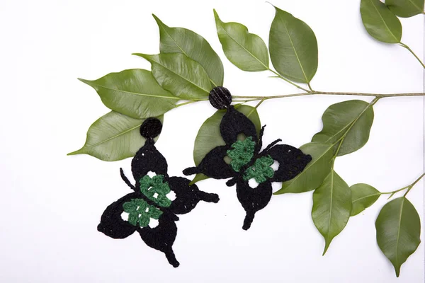 Closeup of a set of black and green knitted butterfly earrings on top of a branch and green leafs in the same frame against a white background. Studio background shot.
