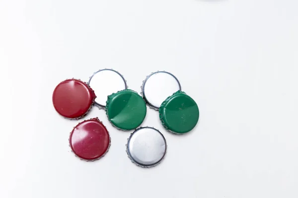 Group Bottle Caps Appearing Colours Italian Flag Red White Green — Stock Photo, Image