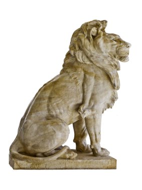 Turuncu taşetkileyici kaslı ve bedensel detay ile dışarı bakan bir aslan heykeli