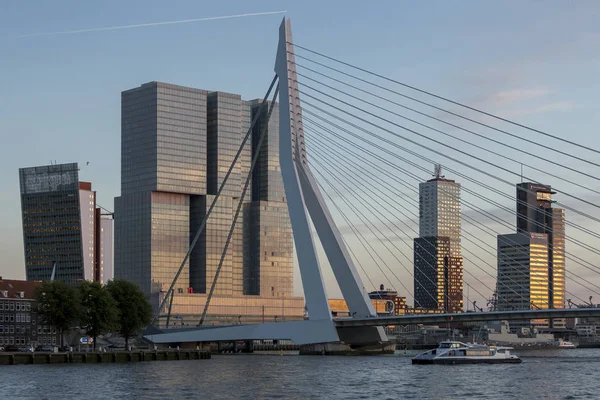 Rotterdam Hollandia Szeptember 2016 Tömegközlekedés Vízibusz Halad Pénzügyi Negyed Skyline — Stock Fotó