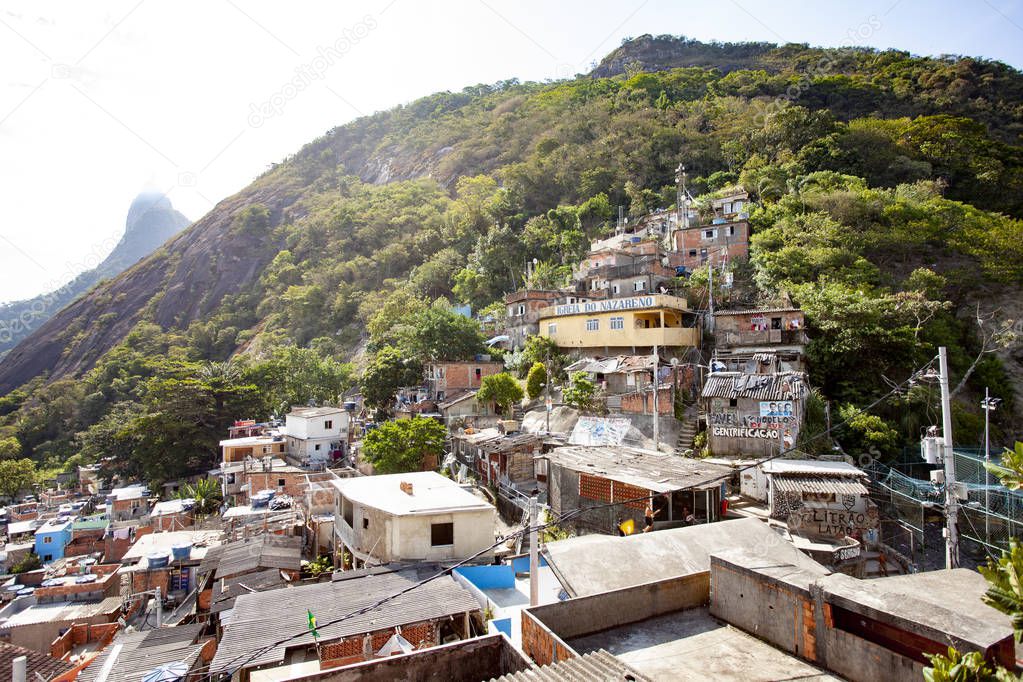 Rio de Janeiro, Brazil - December 30, 2014: Top view of the favela Santa Marta (Dona Marta) in Rio de Janeiro and the hillside the community was constructed on