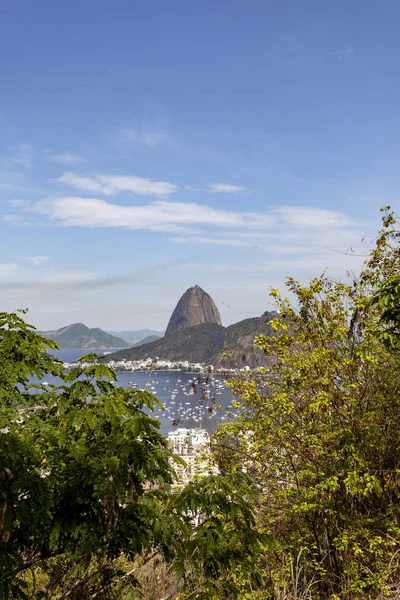 Sugarloaf Рио Жанейро Видели Корыто Зелени Высокой Точки Зрения Городом — стоковое фото