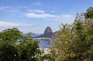 Rio de Janeiro 'da Sugarloaf dağın panoramik görünümü mavi gökyüzü ile parlak bir gün ön planda şehir ve liman ile yüksek bir noktadan yeşil çukur görüldü
