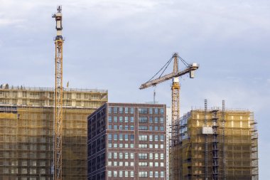 Hollanda 'nın Rotterdam kentinde mavi gökyüzü arka planı ile iskeledeki yüksek binalar üzerinde yükselen Vinçler