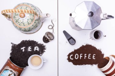 Sol bir çaydanlık ve çay, sağ bir moka pot ve kahve ile bölünmüş çerçeve. Stüdyo da çay yaprağında 'çay' ve kahve tanesinde 'kahve' yazılı kelimelerle çekim yaptı.