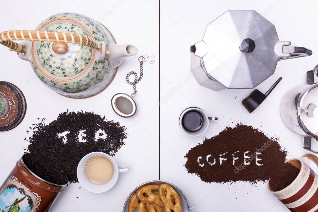 Divided frame with on the left a teapot and tea, on the right a moka pot and coffee. Studio shot with the written words 'tea' in tea leafs and 'coffee' in coffee grain with cookies in the middle below