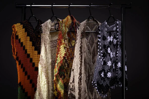 Close Colourful Handmade Embroidery Wardrobe Rainbow Dress Vests Rack Hanger — Stock Photo, Image