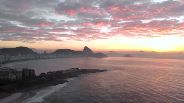 Aerial Rotation Pan Showing Arpoador Rock Rio Janeiro Golden Sunrise — Stock Video