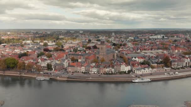 Aerial Drone Shot Closing Dutch Medieval City Deventer High Altitude — Stock Video