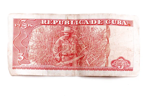 Back Image Cuban Banknote Three Pesos Image Farmer Cutting Sugar — Stock Photo, Image
