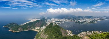 Rio de Janeiro'nun hava şehir manzarası panoraması, sağda copacabana ile şehrin üzerinde oluşan bulutlar ve sağda botafogo mahallesi ile oluşan mavi gökyüzüne karşı doğal manzara