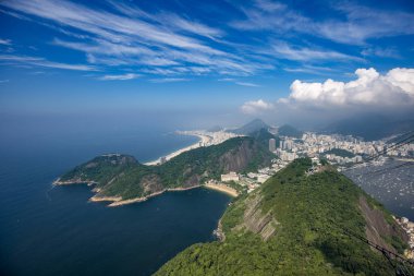 Rio de Janeiro'nun hava şehir manzarası panoraması, sağda copacabana ile şehrin üzerinde oluşan bulutlar ve sağda botafogo mahallesi ile oluşan mavi gökyüzüne karşı doğal manzara
