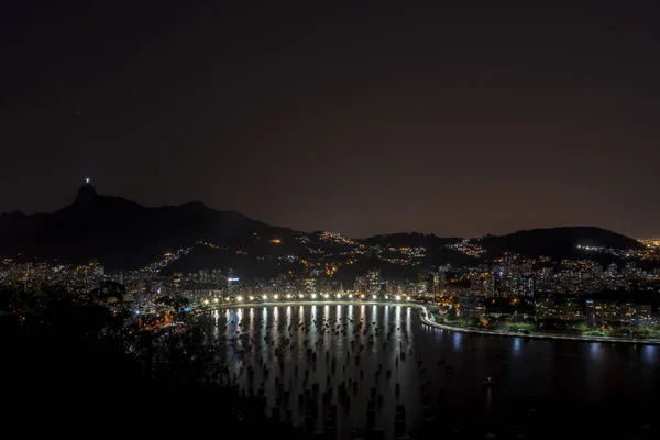 Panorama Rio Janeiro Noite Com Bairro Botafogo Praia Barcos Baía — Fotografia de Stock