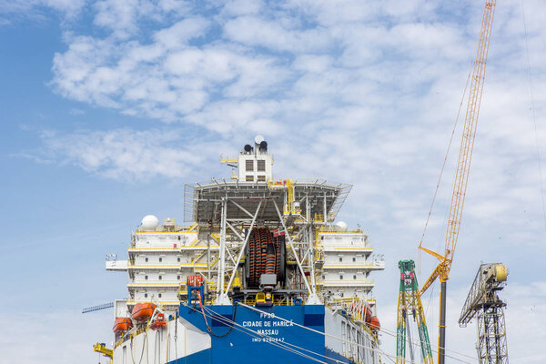Niteroi, Brazil - August 14th 2015: Large petroleum ship being assembled in a shipyard near Rio de Janeiro