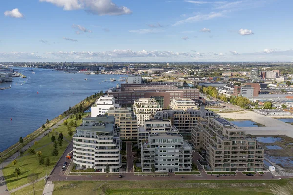 Hamnområde Centrala Amsterdam Nederländerna Sett Från Hög Utsiktspunkt Mot Blå — Stockfoto