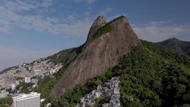 Aerial Pan Showing Two Brothers Mountain Peaks Rio Janeiro Favela — Stock Video