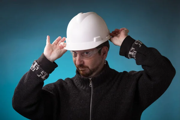 Engineer Warm Sweater Looking His Protection Glasses Holding His White — Stock Photo, Image