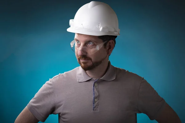 Architect Beard Protective Glasses White Safety Helmet Looking Stern Side — Zdjęcie stockowe