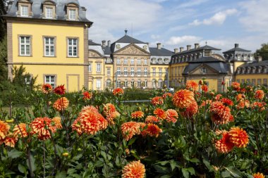 Almanya 'nın Sauerland bölgesindeki Bad Arolsen' deki Arolsen şatosunun mimarisi mavi gökyüzüne karşı ön plandaki portakal çiçeklerine odaklanıyor.