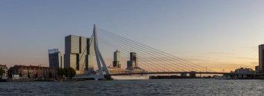 Hollanda 'nın Rotterdam kentinin panoraması Erasmus köprüsü ve arka planda finans bölgesinin yüksek binaları açık mavi ve turuncu günbatımı gökyüzüne karşı