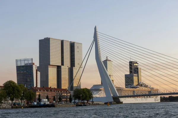 Erasmusbrug Hoogbouw Van Het Financiële District Nederlandse Stad Achtergrond Tegen — Stockfoto
