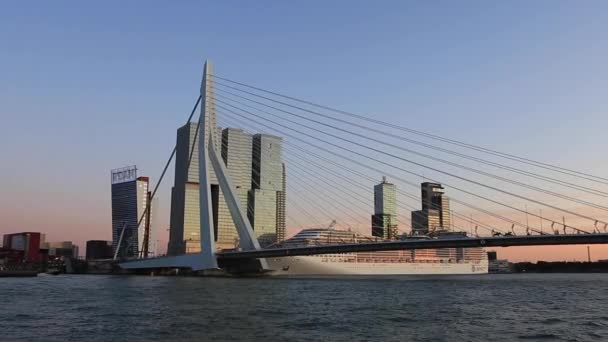 从Maas河 Erasmus桥和金融区的高楼看到的鹿特丹天际线 日落时停泊在蓝天之下的游轮上 — 图库视频影像