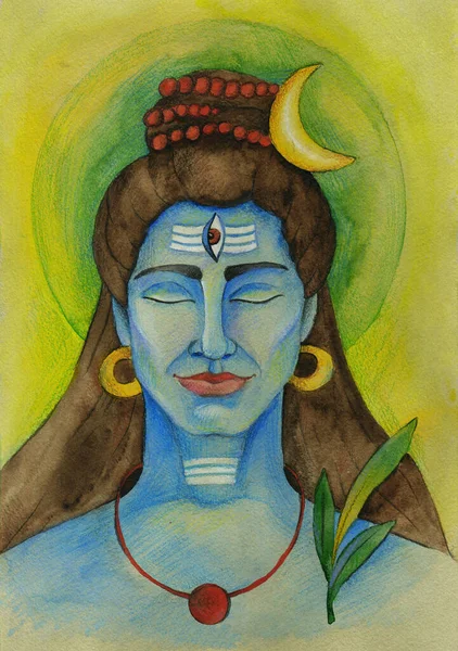 Watercolor image of the portrait of the God Shiva.