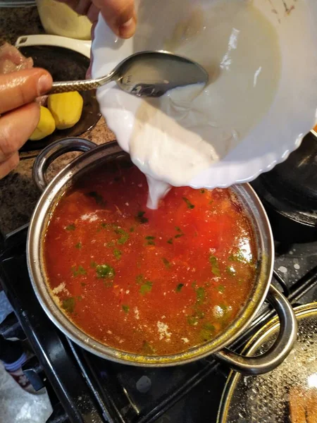 Partial View Woman Throw Sour Cream Saucepan Cooking Ukrainian Borscht — Stock Photo, Image