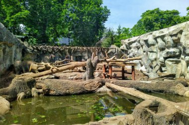 Şehir hayvanat bahçesinde havuzlu boş kuşhane, Kyiv, Ukrayna
