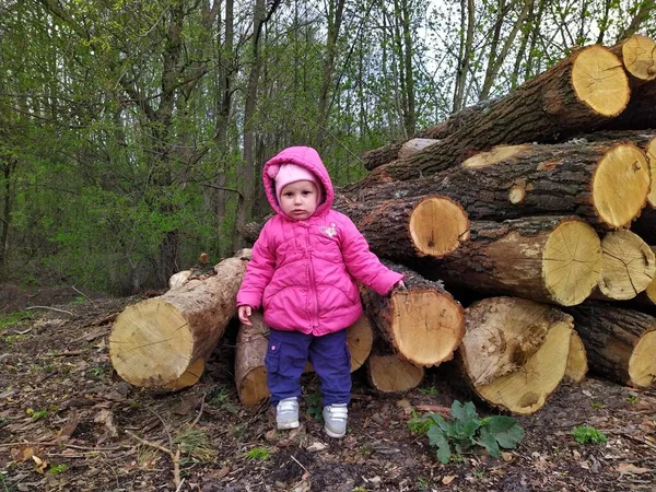 European Little Girl Tree Timbers Forest Spring Day — Stock Photo, Image