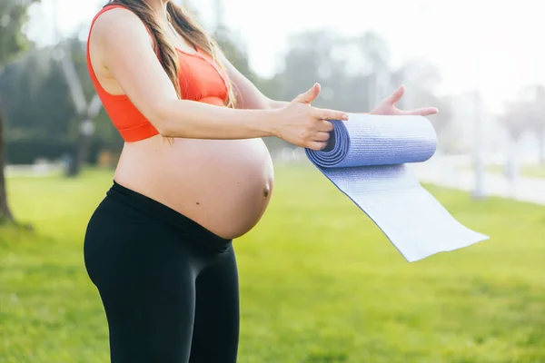 Femme enceinte est prêt pour l'entraînement en plein air. Espace de copie . Photos De Stock Libres De Droits