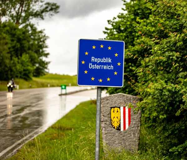 Road signs on the borders of the States of the European Union The sign stands on the border with Austria.