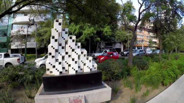 Mixcoac Parque Linear Panning Uma Escultura Parque Que Tem Fontes — Vídeo de Stock