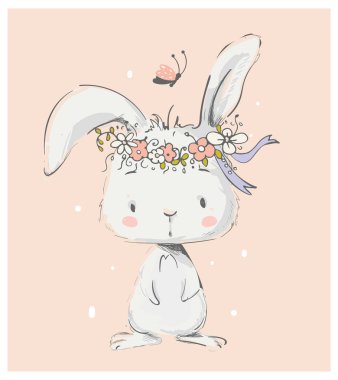 Sevimli Beyaz Tavşan Kız çiçek çelenk. T-shirt baskı için kullanılabilir, çocuklar moda tasarımı giymek, bebek duş davetiye kartı.