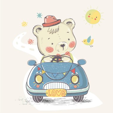 Bear in car.hand drawn vektör illüstrasyon.çocuk veya bebek gömlek tasarımı için kullanılabilir,moda grafik, çocuk giyim, bebek duş kartı, kutlama kartı,tebrik kartı, davetiye kartı