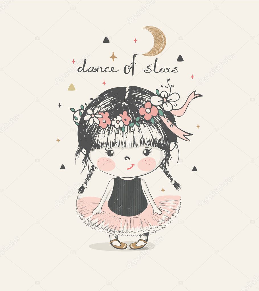 Cute baby girl ballerina.cartoon hand drawn vector illustration. Can be used for baby t-shirt print, fashion print design, kids wear, baby shower celebration, greeting and invitation card.