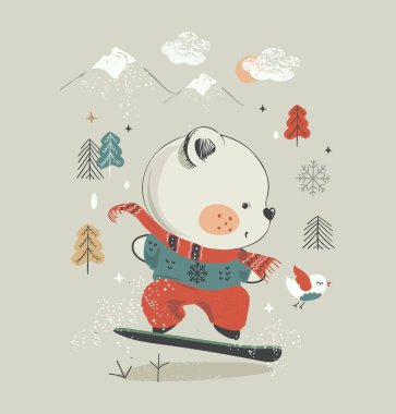 Sevimli Beear snowboard.el çizilmiş vektör illüstrasyon bebek t-shirt baskı, moda baskı tasarımı, çocuk giyim, duş kutlama tebrik ve davet kartı için kullanılabilir.