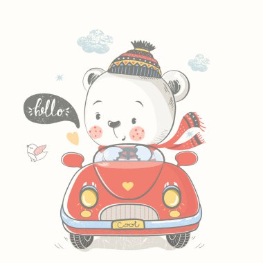 Baer in car.hand drawn vektör illüstrasyon.çocuk veya bebek gömlek tasarımı, moda baskı tasarımı, moda grafik, t-shirt, çocuk giyim için kullanılabilir