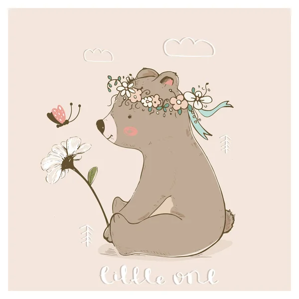 Niedlichen Baby Bär Mit Schmetterling Riechen Eine Blume Handgezeichnete Vektor — Stockvektor