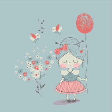 Balonlu sevimli kızın el çizimi vektör çizimi / çocuk ya da bebek gömleği tasarımı / moda grafiği / çocuklar giyer / tee