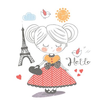  Paris 'te küçük bir kız. El çizimi vektör çizimi. Çocuk gömleği tasarımı, moda deseni, moda grafiği, tişört, çocuk giyimi, tebrik kartı, davetiye kartı için kullanılabilir.