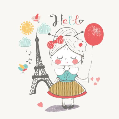 Paris 'te küçük bir kız. El çizimi vektör çizimi. Çocuk gömleği tasarımı, moda deseni, moda grafiği, tişört, çocuk giyimi, tebrik kartı, davetiye kartı için kullanılabilir.