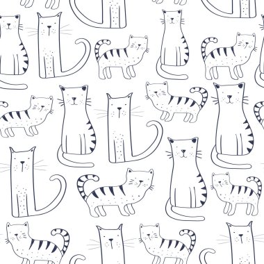 Tatlı kedilerle kusursuz konuşmalar. Çizgi film el çizimi vektör çizimi. Bebek tişörtü baskısı, moda baskısı tasarımı, çocuk giyimi, bebek partisi kutlaması ve davetiye kartı için kullanılabilir..